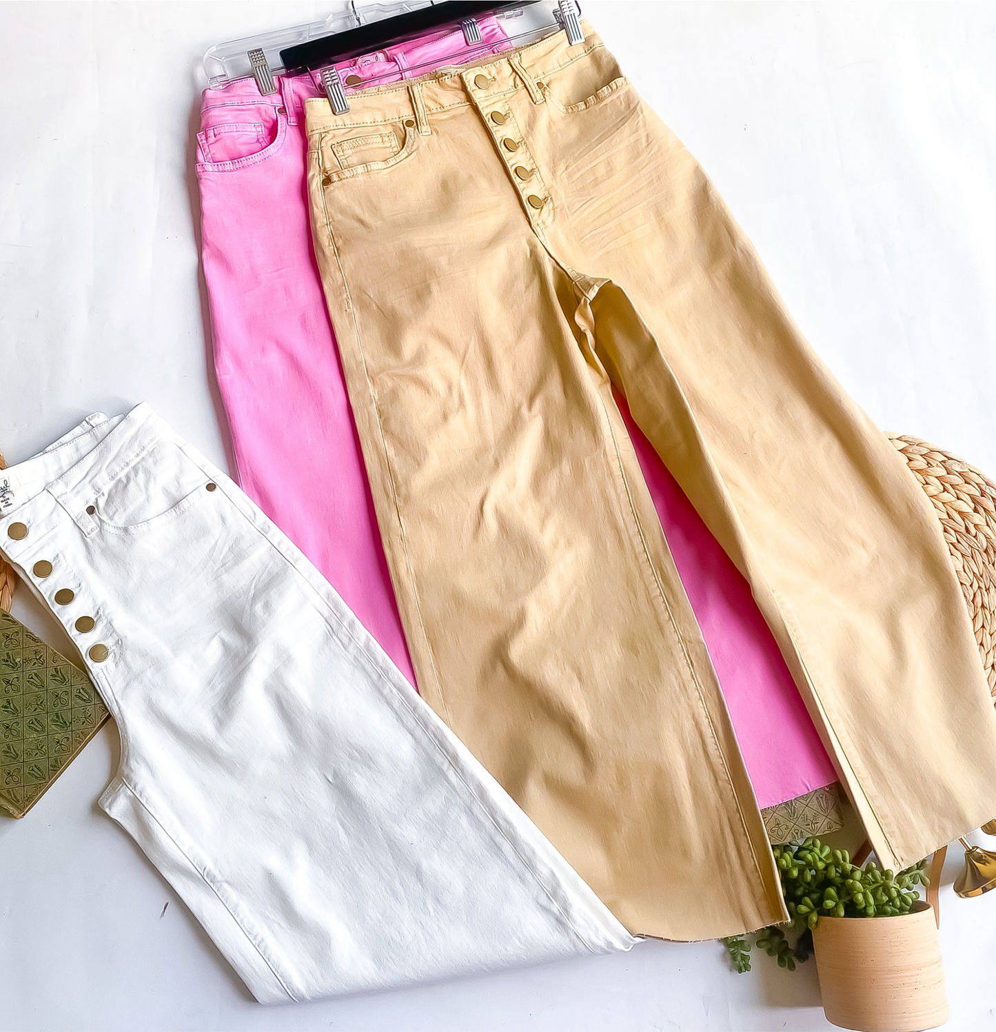 Color Wide Leg Cropped Pant Button Down Fly Stretchy | Queen Bee Boutique