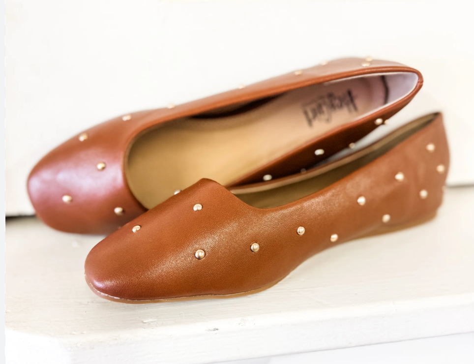 Hey Girl Studded Ballet Flats Brown and Gold | QB Boutique