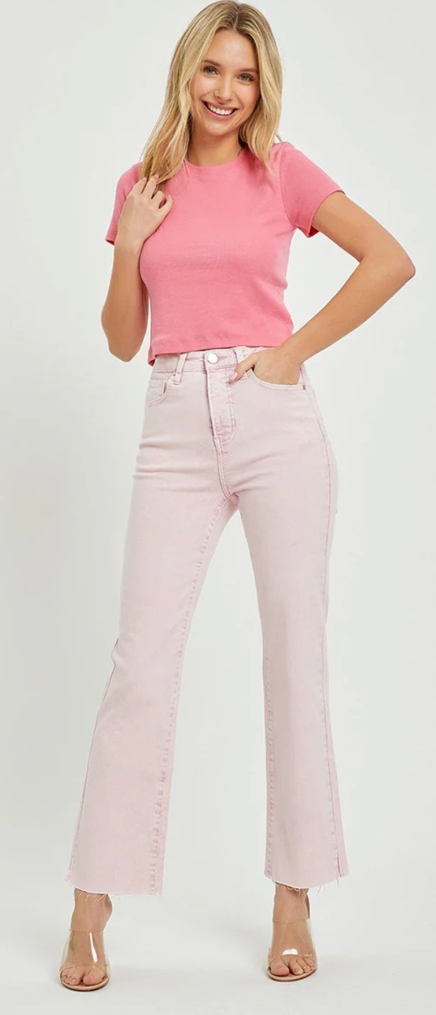 Risen Spring Pink High-Rise Straight Leg Jeans - Muted Pink Acid Wash Denim with Tummy Control