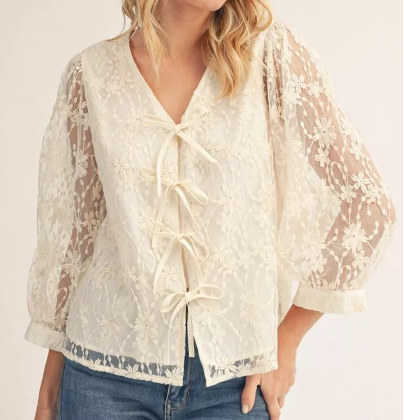 Lace Bow Cream Details Top Blouse | Queen Bee Boutique
