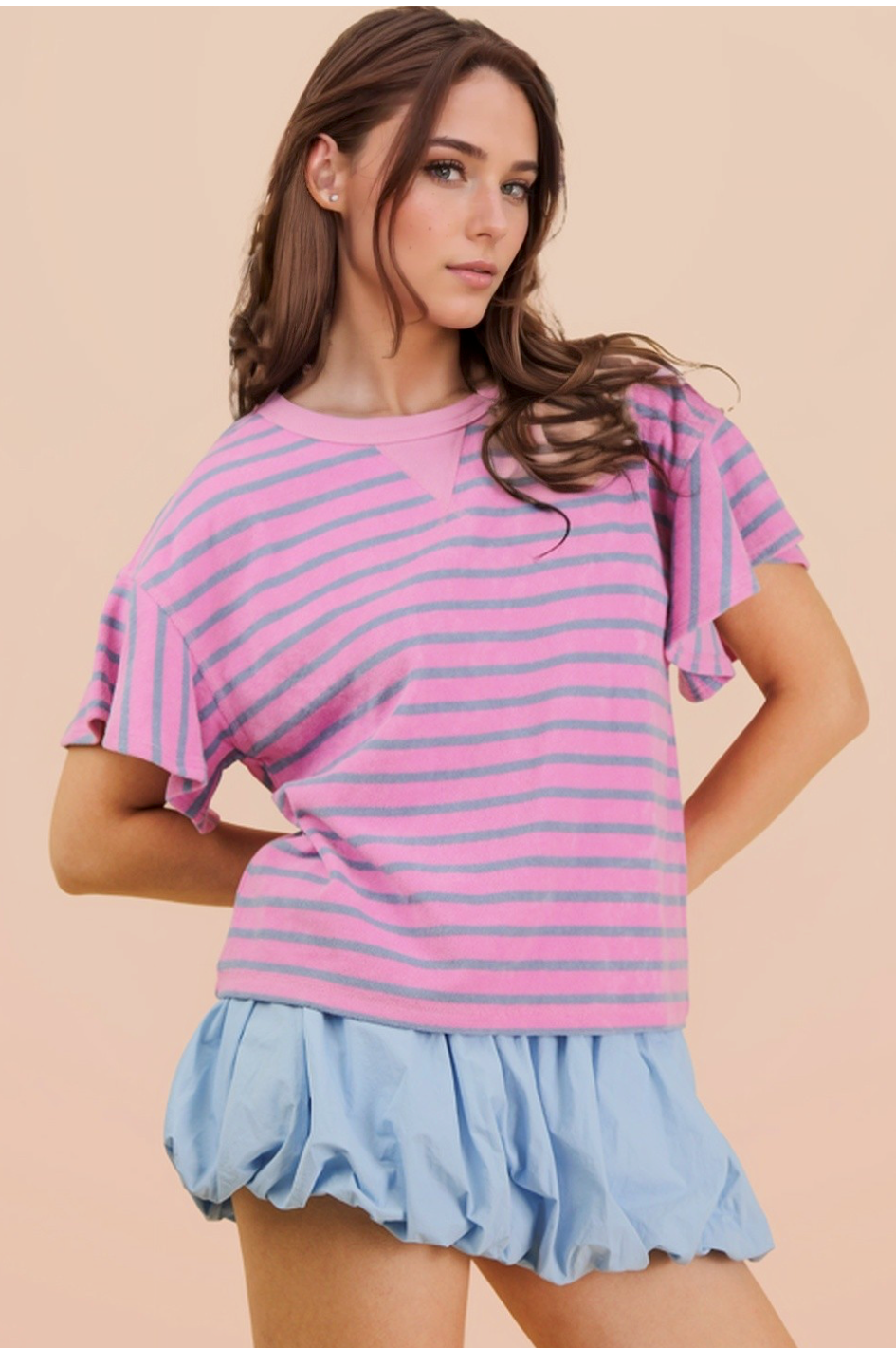Oversized Ruffle Sleeve Casual Stripe Knit Top Cool Summer | Queen Bee Boutique