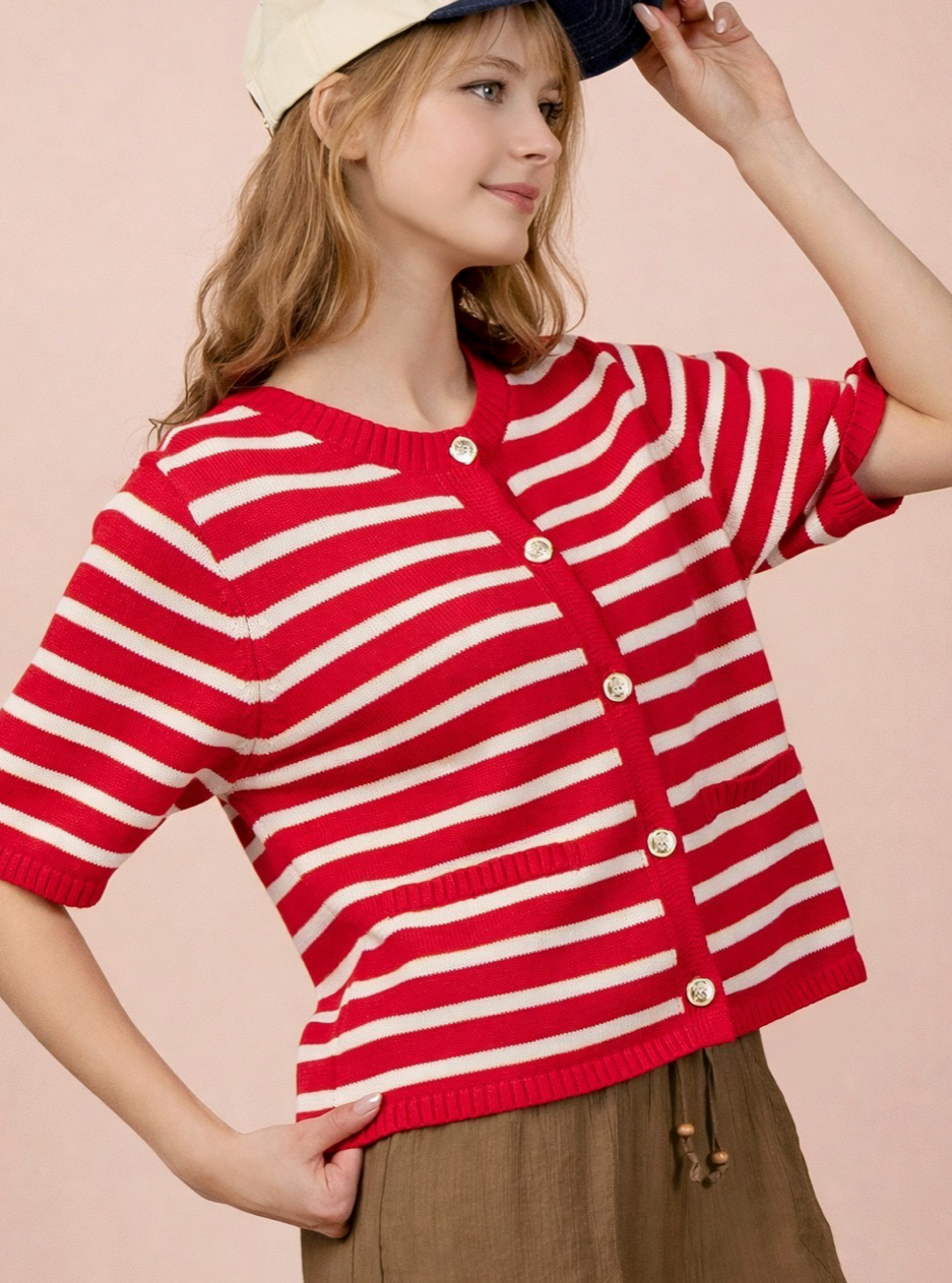 Red Stripe Button Down Knit Sweater Top | Queen Bee Boutique