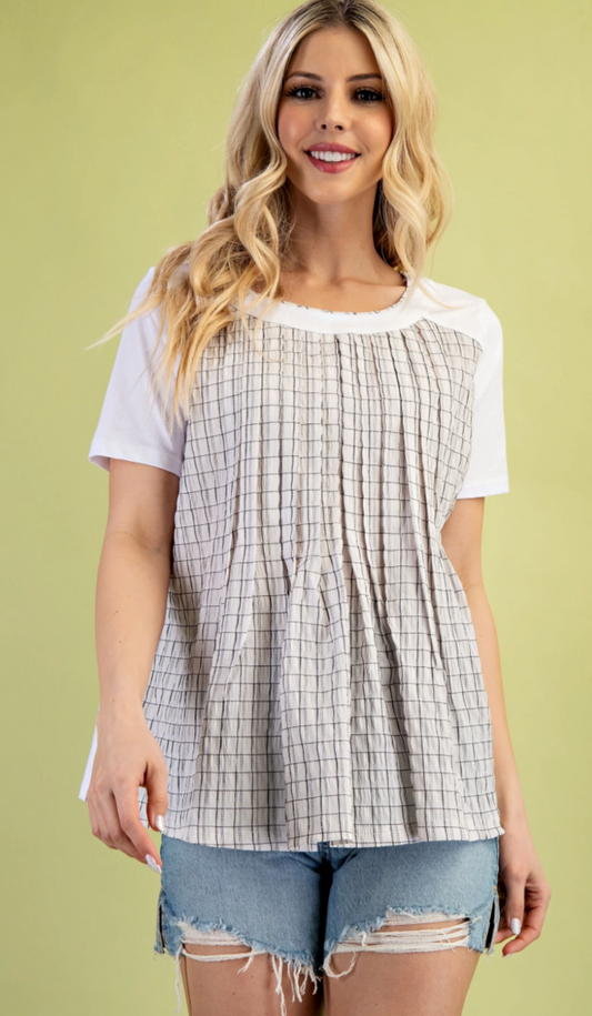 Mixed Fabric Short Sleeve Top with Pleat Details | Queen Bee Boutique
