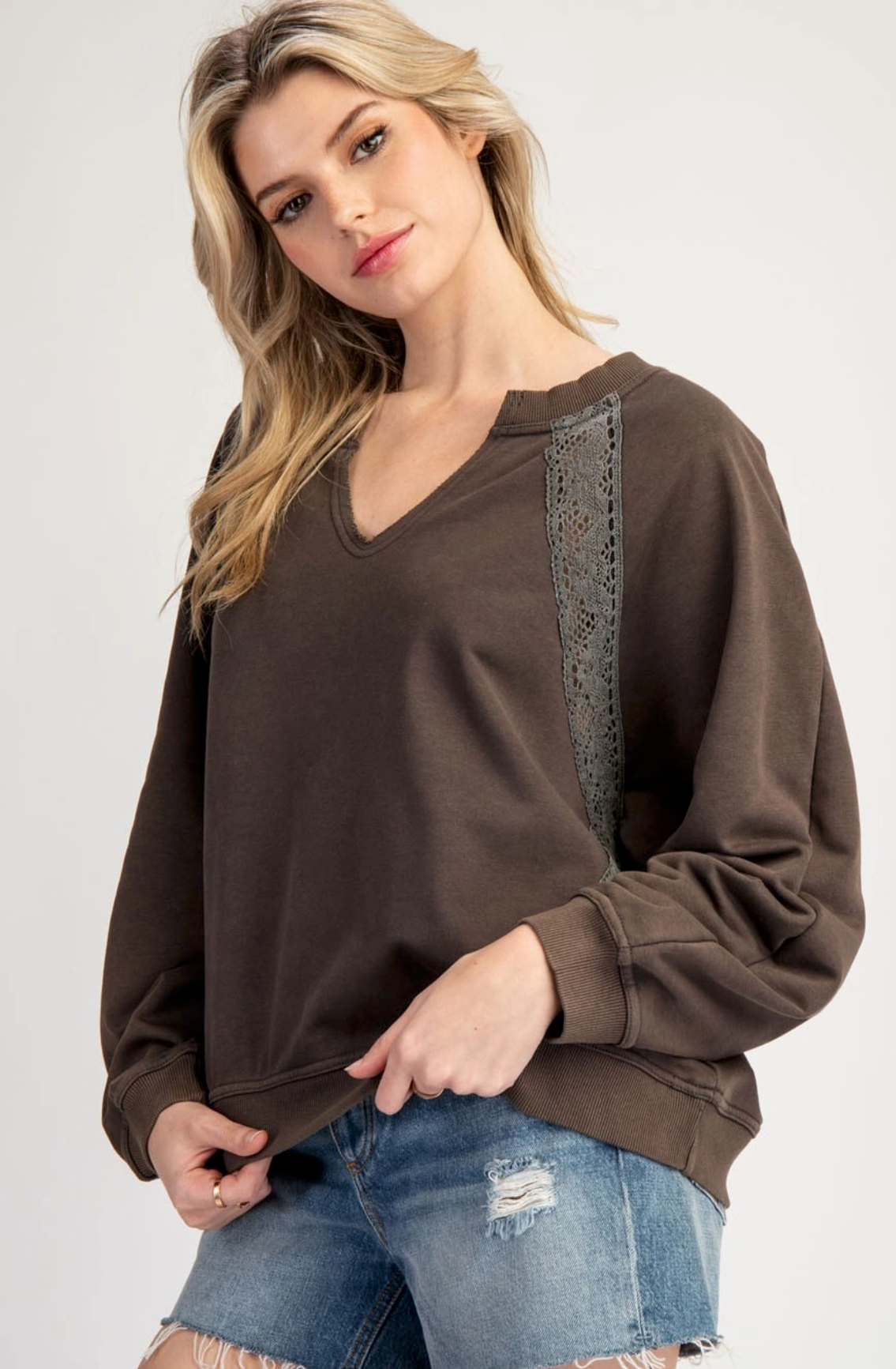 Mineral Chocolate Washed Ash Top Lace Accent | Queen Bee Boutique