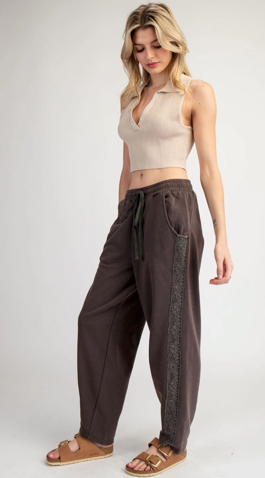 Mineral Chocolate Washed Lace Trim Lounge Pants | Queen Bee Boutique