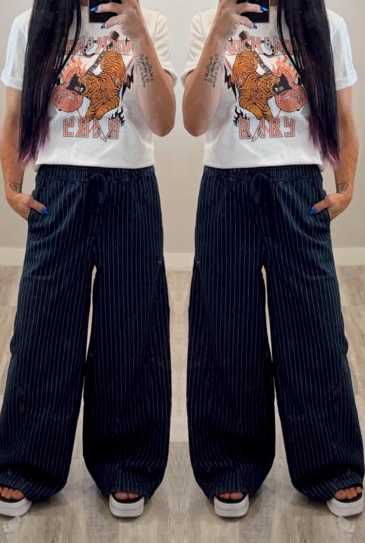 Drawstring Wide Leg Pin Stripe Dark Wash Denim Pant