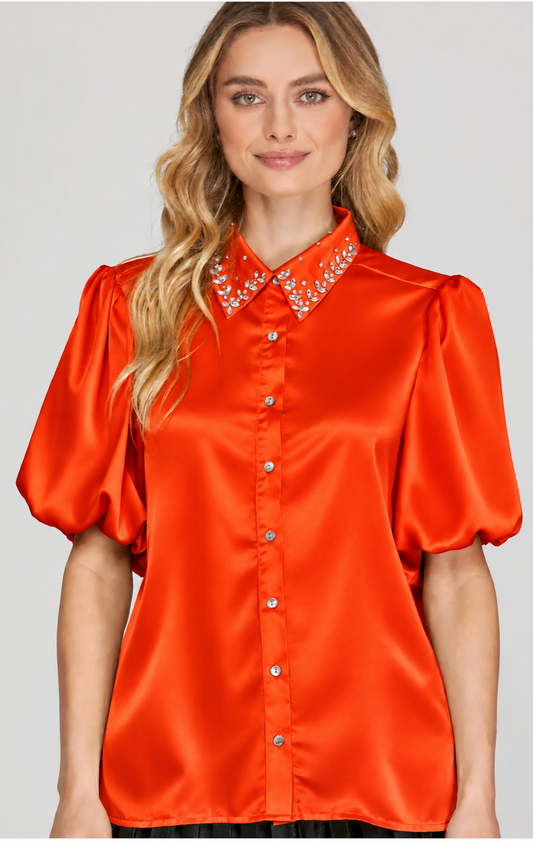 Rhinestone Collar Puff Sleeve Button Down Top| Queen Bee Boutique