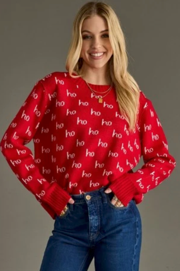 Women’s Relaxed Fit Long Sleeve Knit Ho Ho Ho Sweater | Queen Bee Boutique