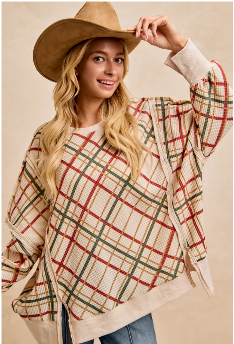 CHRISTMAS PLAID PRINT WAFFLE OVERSIZED SWEATSHIRT TOP