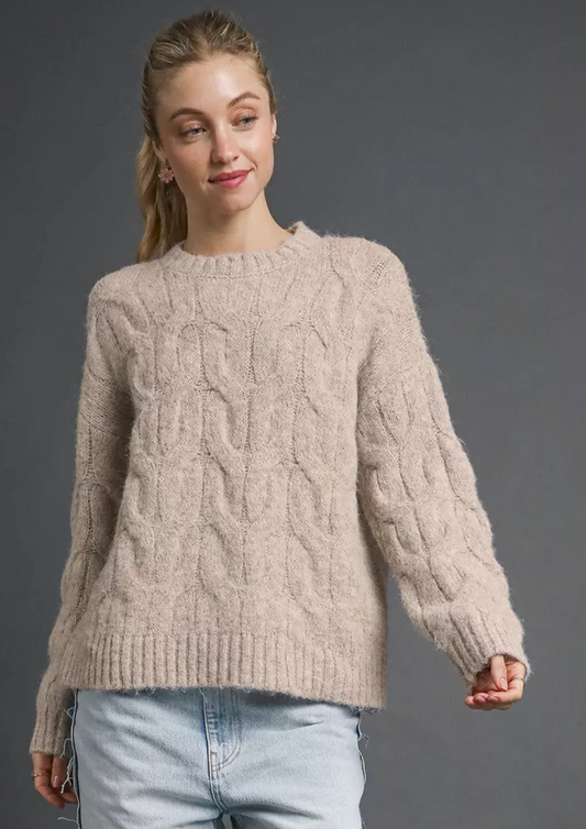 Taupe Fuzzy Cozy Warm Cable Knit Sweater