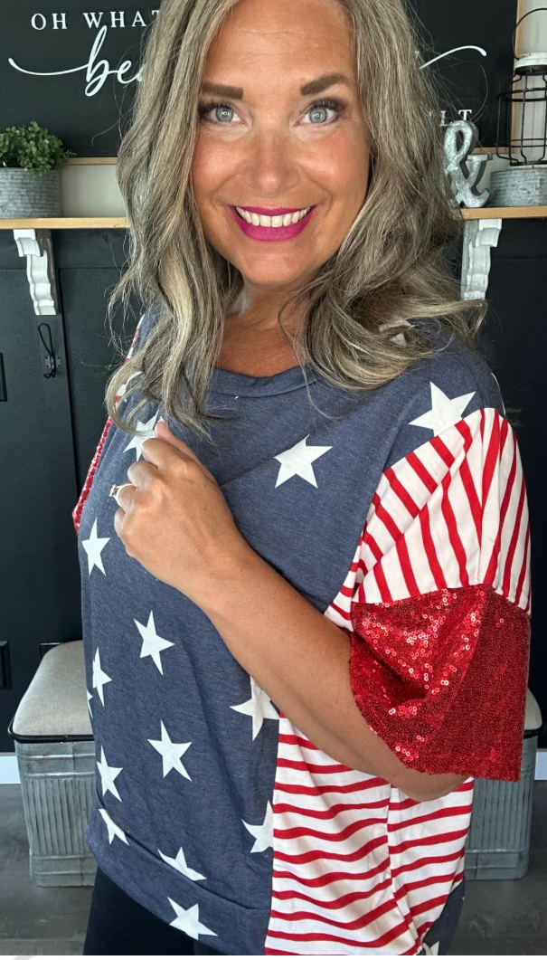 Stars N Stripes Top Sequin Sleeve Accent | Queen Bee Boutique