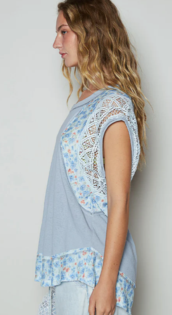 Summer Solstice Top - Blue-Grey Floral with Crochet Detail | Queen Bee Boutique