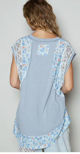 Summer Solstice Top - Blue-Grey Floral with Crochet Detail | Queen Bee Boutique