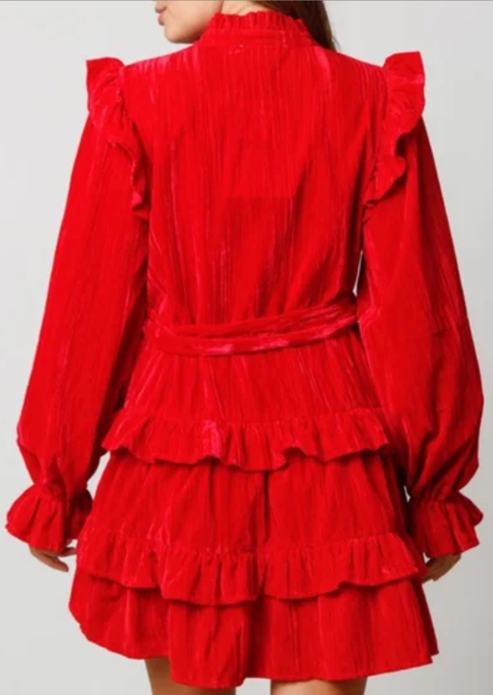 Red Party Holiday Velvet Ruffle Belted Bow Dress