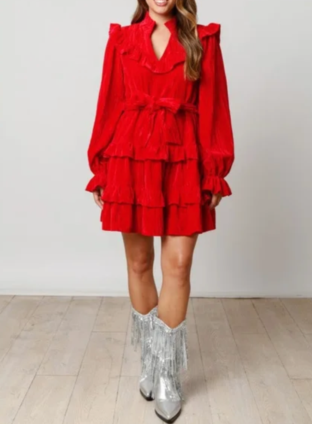 Red Party Holiday Velvet Ruffle Belted Bow Dress