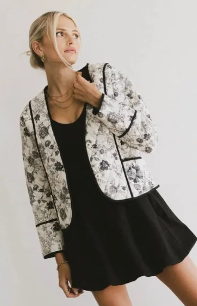 Black White Quilted Button Jacket