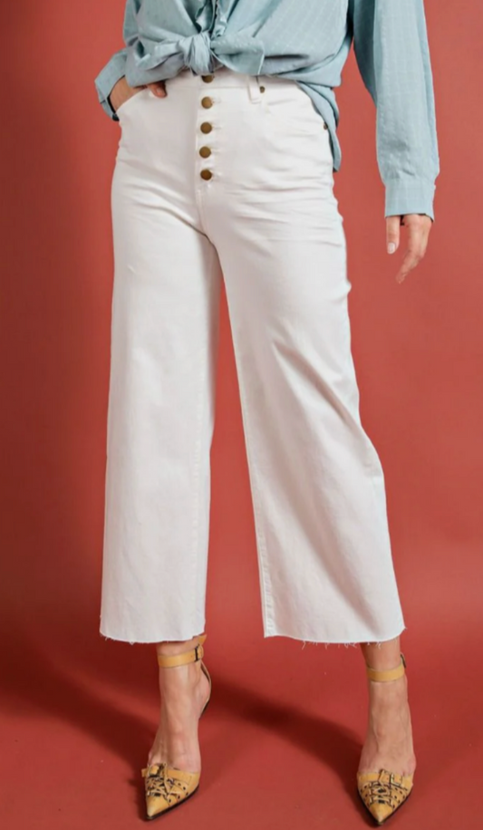 Color Wide Leg Cropped Pant Button Down Fly Stretchy | Queen Bee Boutique