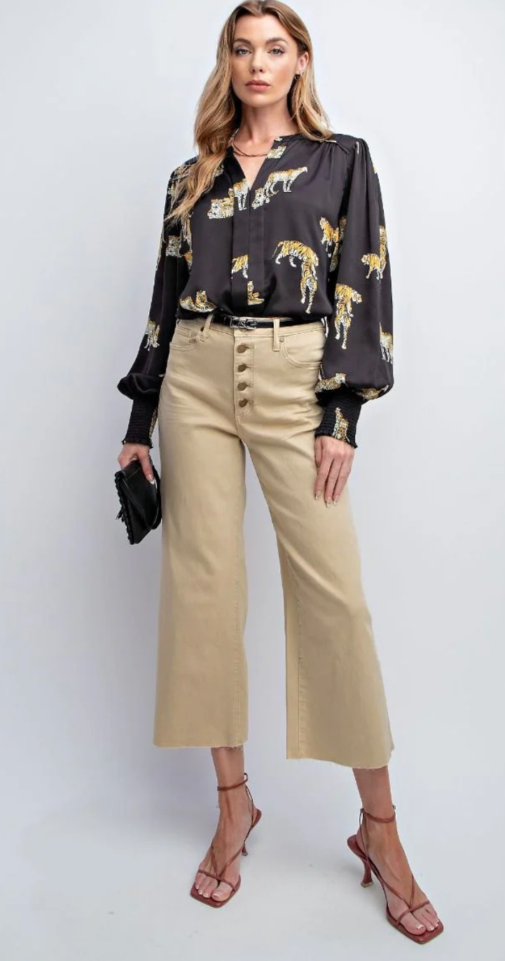 Color Wide Leg Cropped Pant Button Down Fly Stretchy | Queen Bee Boutique