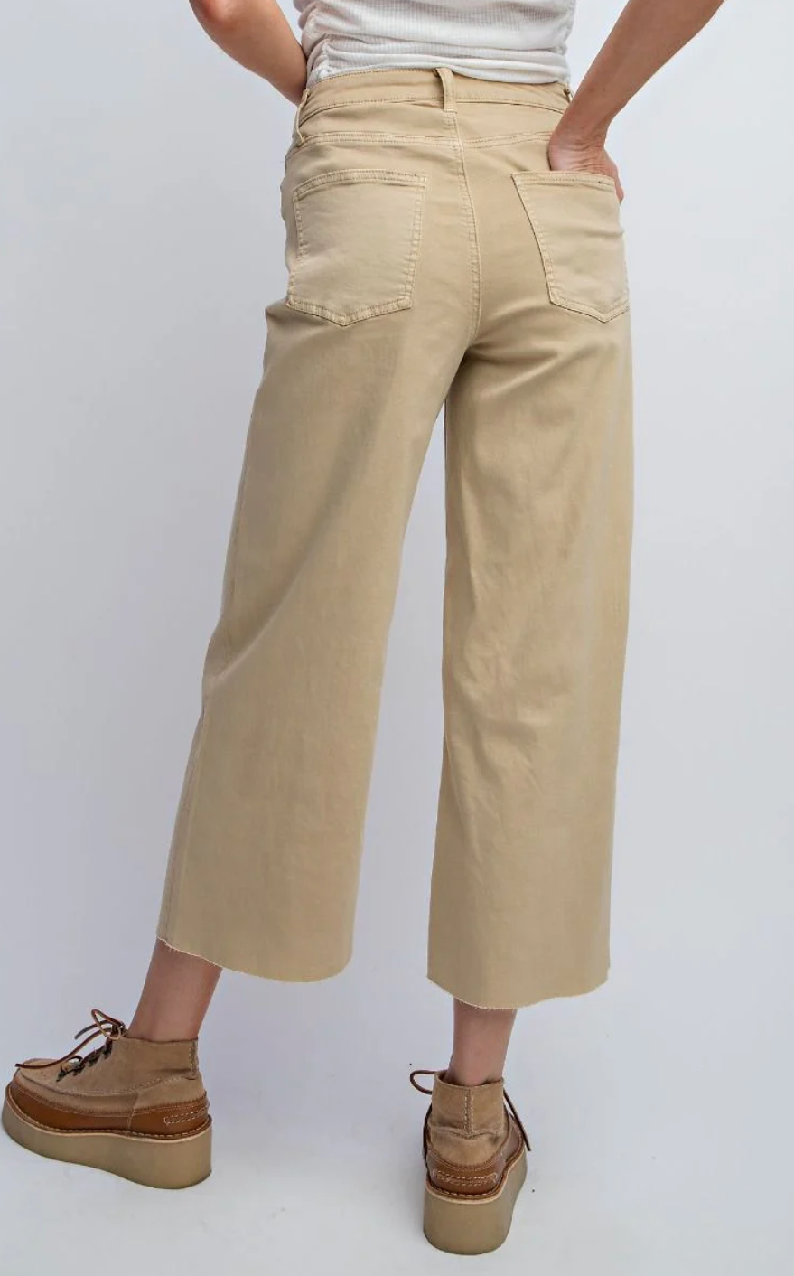 Color Wide Leg Cropped Pant Button Down Fly Stretchy | Queen Bee Boutique