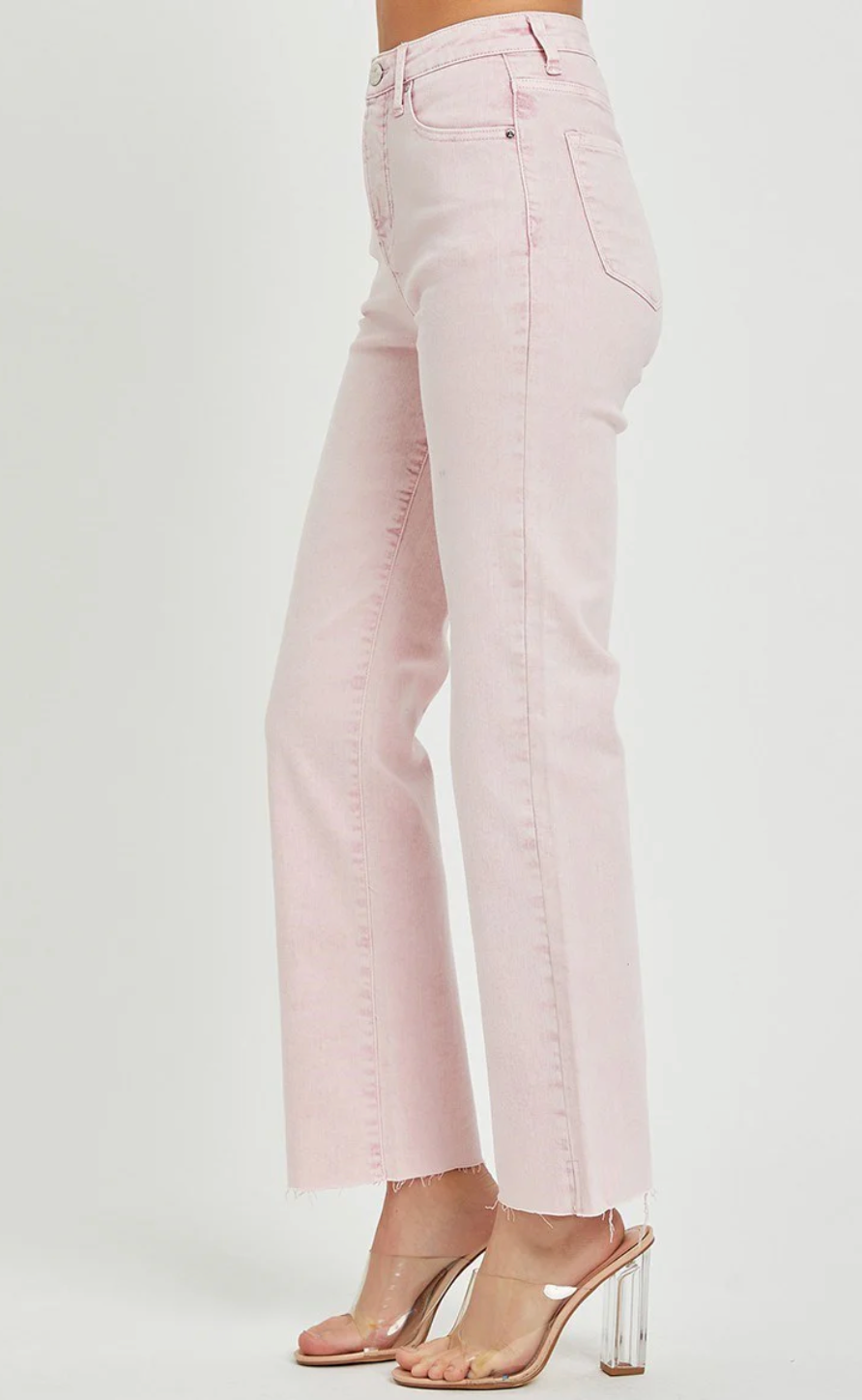 Risen Spring Pink High-Rise Straight Leg Jeans - Muted Pink Acid Wash Denim with Tummy Control