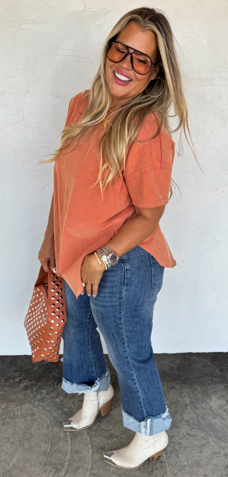 Joey Washed Cotton Boyfriend Tee Rust Orange | Queen Bee Boutique