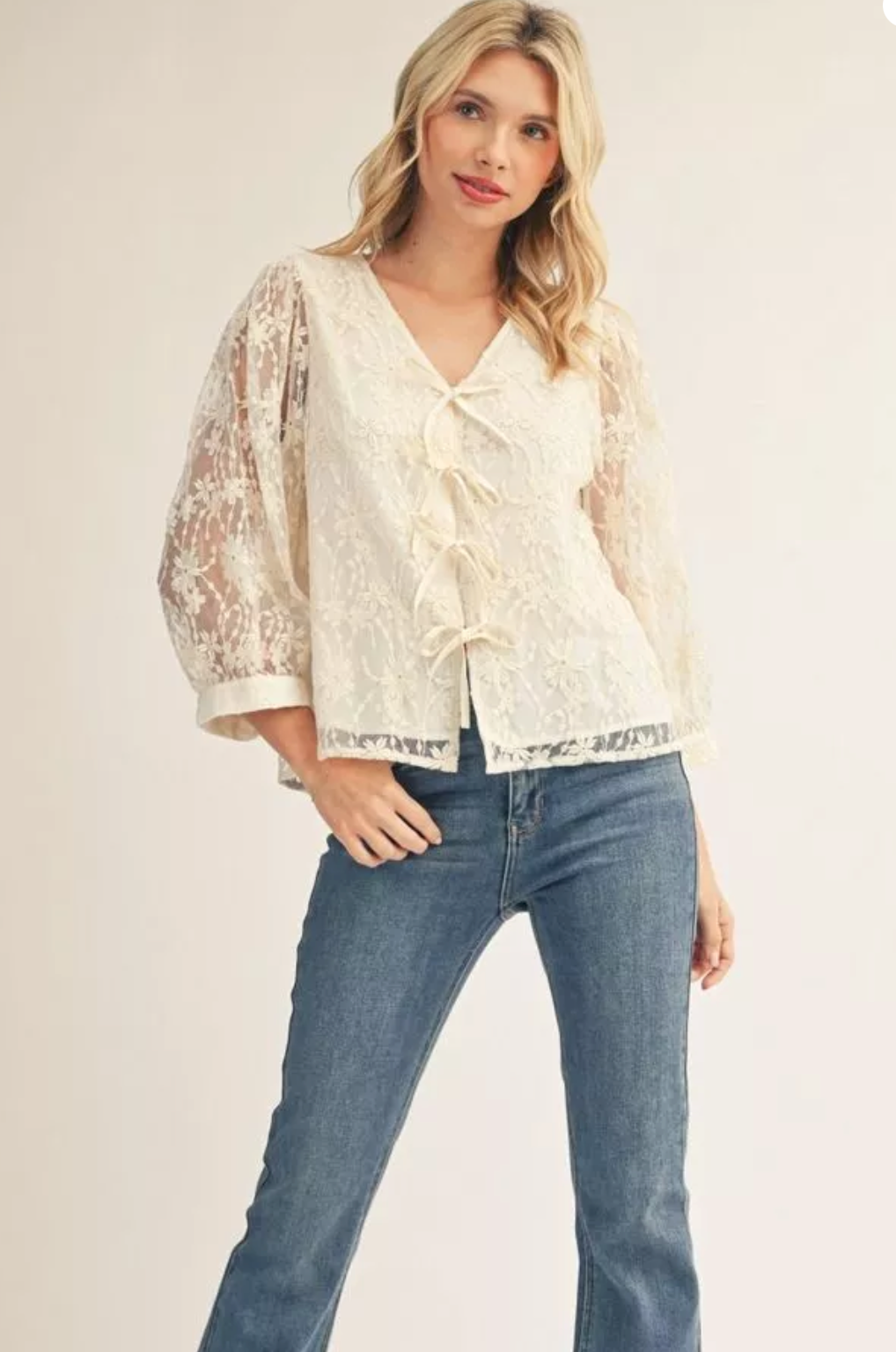 Lace Bow Cream Details Top Blouse | Queen Bee Boutique