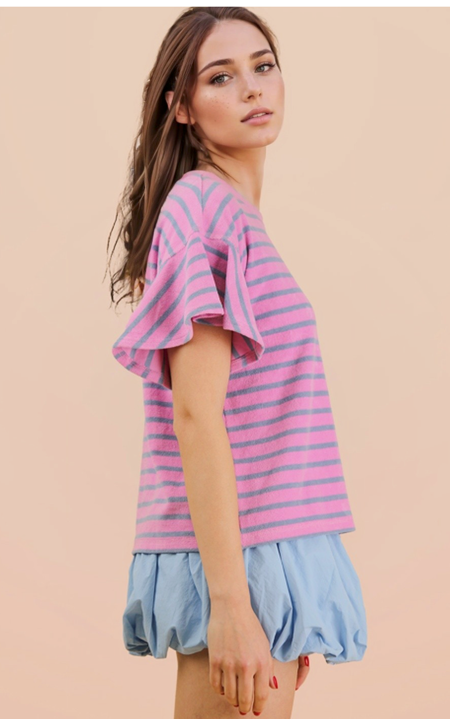 Oversized Ruffle Sleeve Casual Stripe Knit Top Cool Summer | Queen Bee Boutique