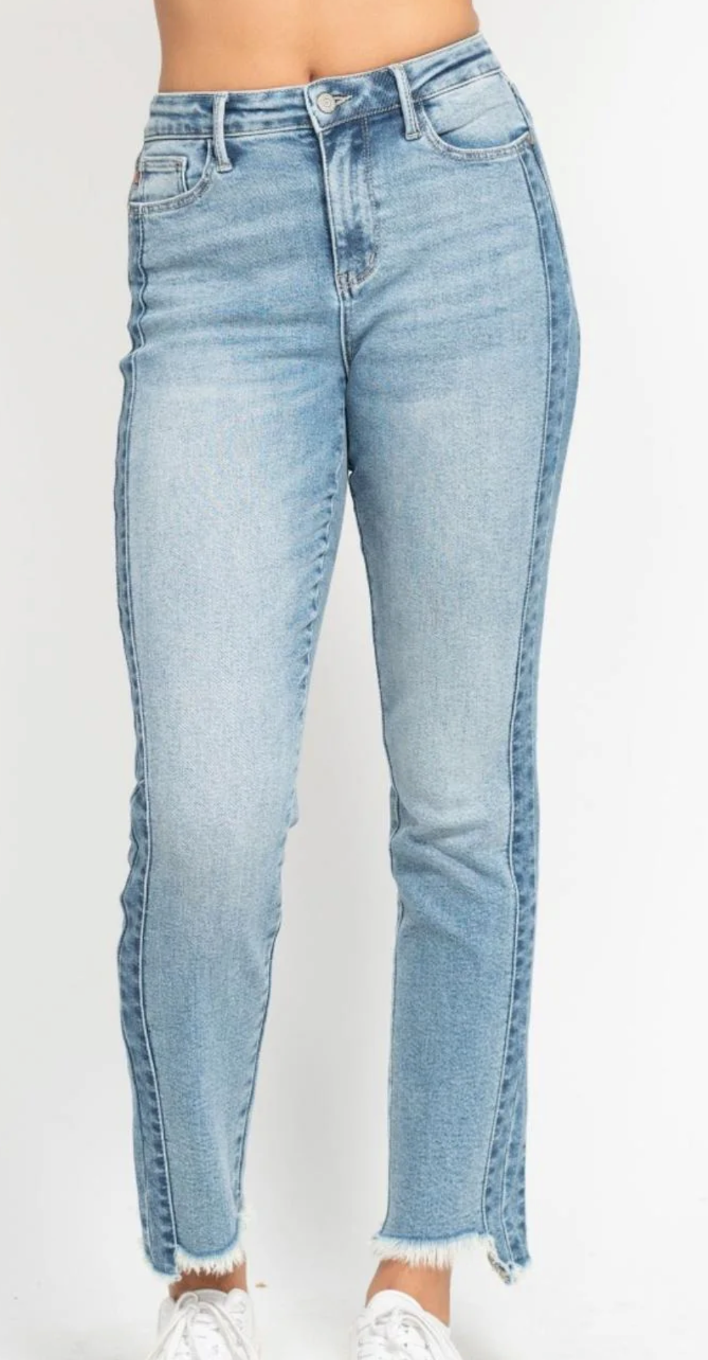 Judy Blue High Waist Vintage Wash Side Panel Detail & Hi Lo Fray Hem Slim Denim Jeans