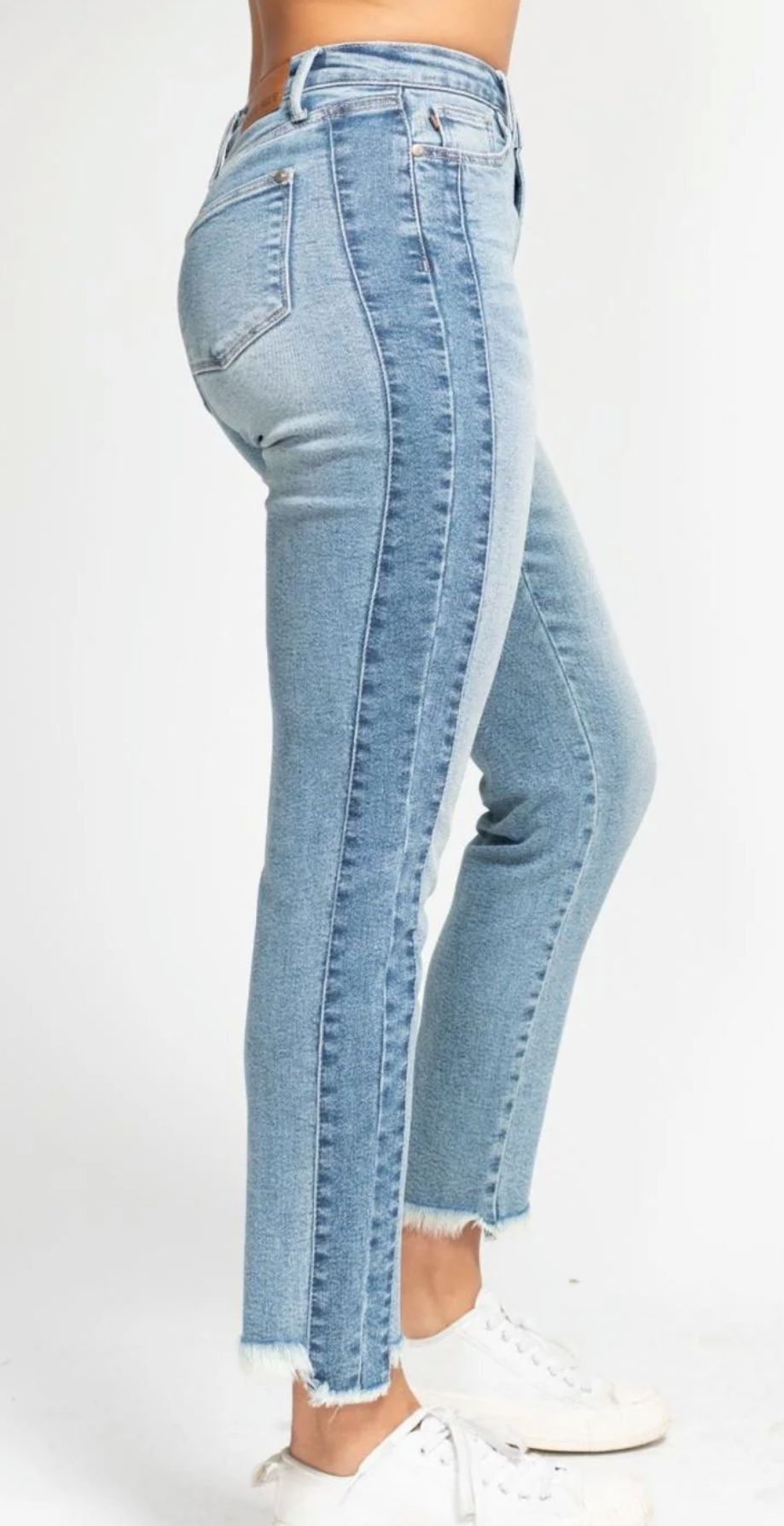 Judy Blue High Waist Vintage Wash Side Panel Detail & Hi Lo Fray Hem Slim Denim Jeans