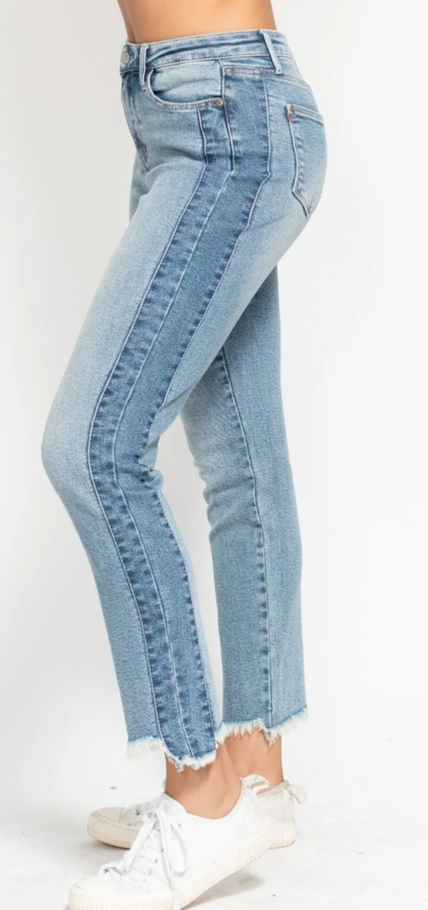 Judy Blue High Waist Vintage Wash Side Panel Detail & Hi Lo Fray Hem Slim Denim Jeans