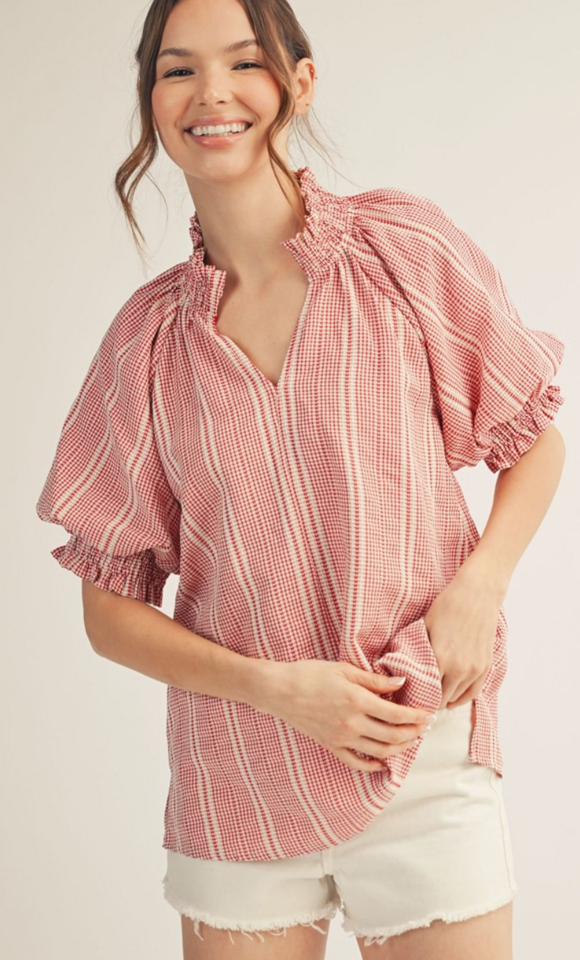 Red & Blue Striped Puff Sleeve Top | Queen Bee Boutique