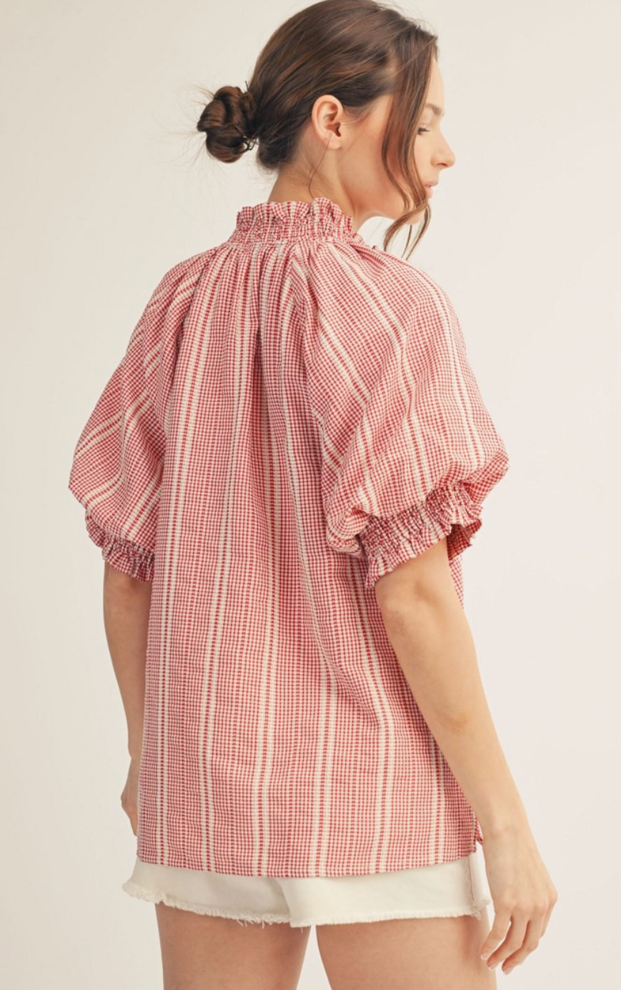 Red & Blue Striped Puff Sleeve Top | Queen Bee Boutique