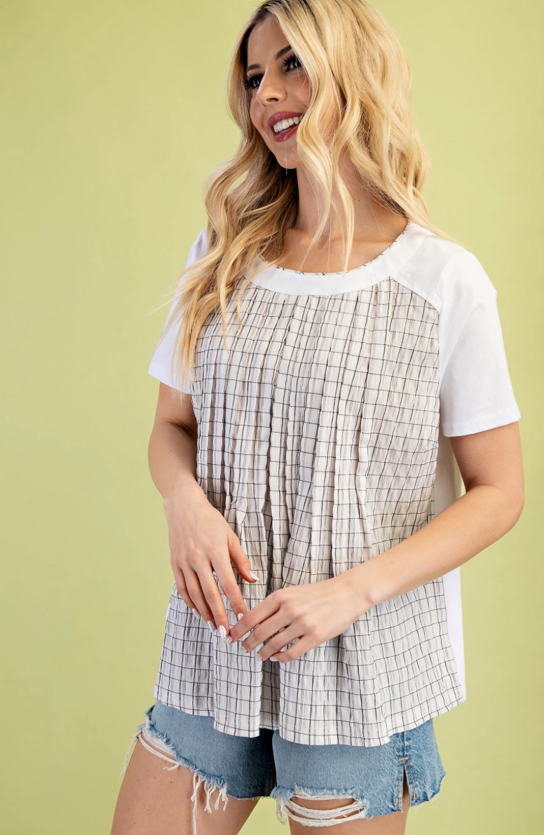 Mixed Fabric Short Sleeve Top with Pleat Details | Queen Bee Boutique