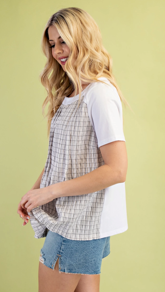 Mixed Fabric Short Sleeve Top with Pleat Details | Queen Bee Boutique