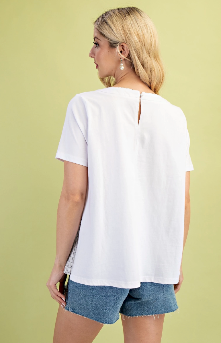 Mixed Fabric Short Sleeve Top with Pleat Details | Queen Bee Boutique