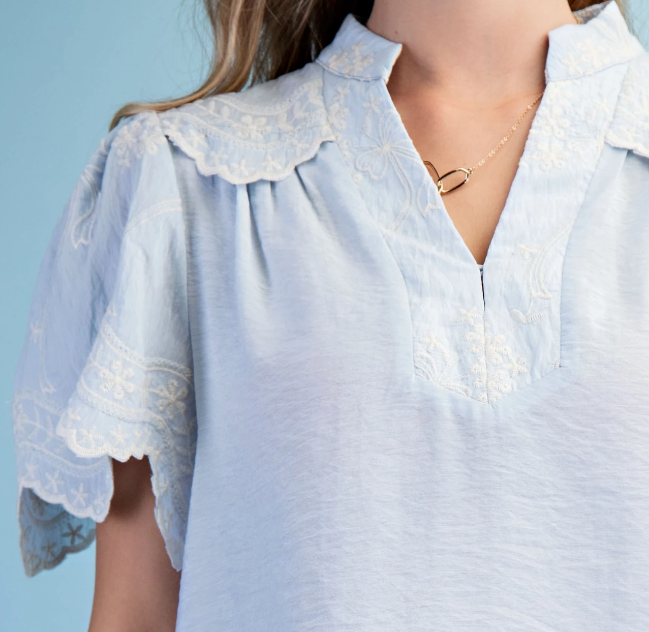Embroidered Blue Scalloped Hem Top - Short Sleeve Boho Blouse | Queen Bee Boutique