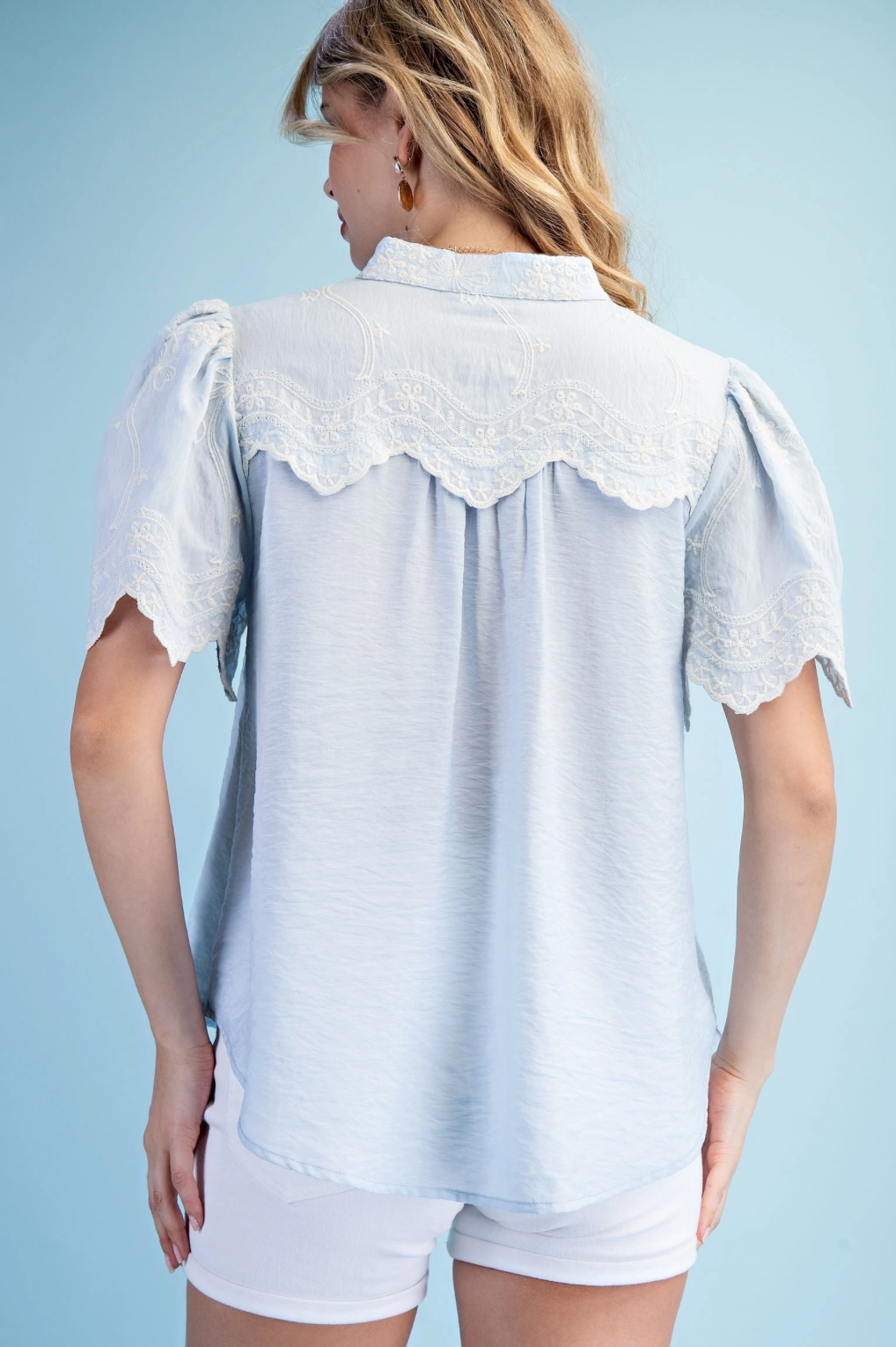 Embroidered Blue Scalloped Hem Top - Short Sleeve Boho Blouse | Queen Bee Boutique