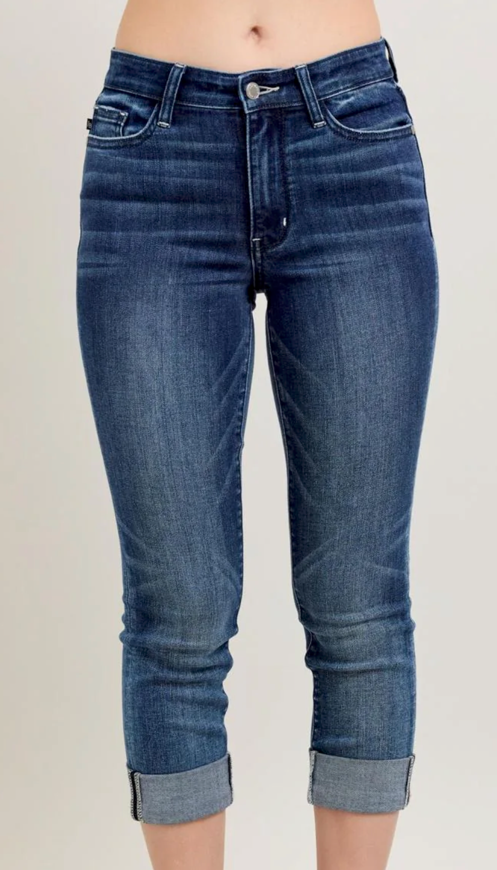 Judy Blue Mid Rise Dark Wash Cuffed Capri Denim Jeans | Queen Bee Boutique
