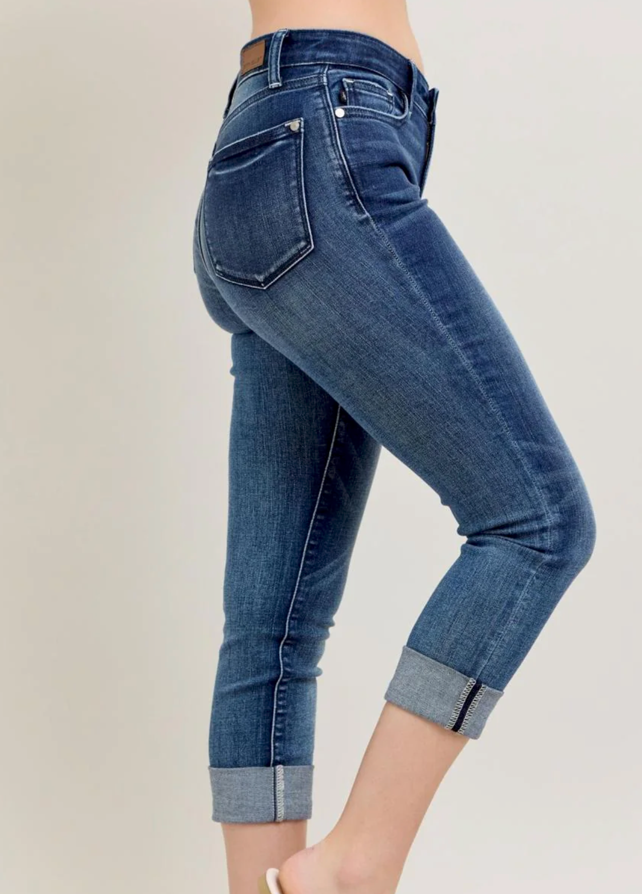 Judy Blue Mid Rise Dark Wash Cuffed Capri Denim Jeans | Queen Bee Boutique