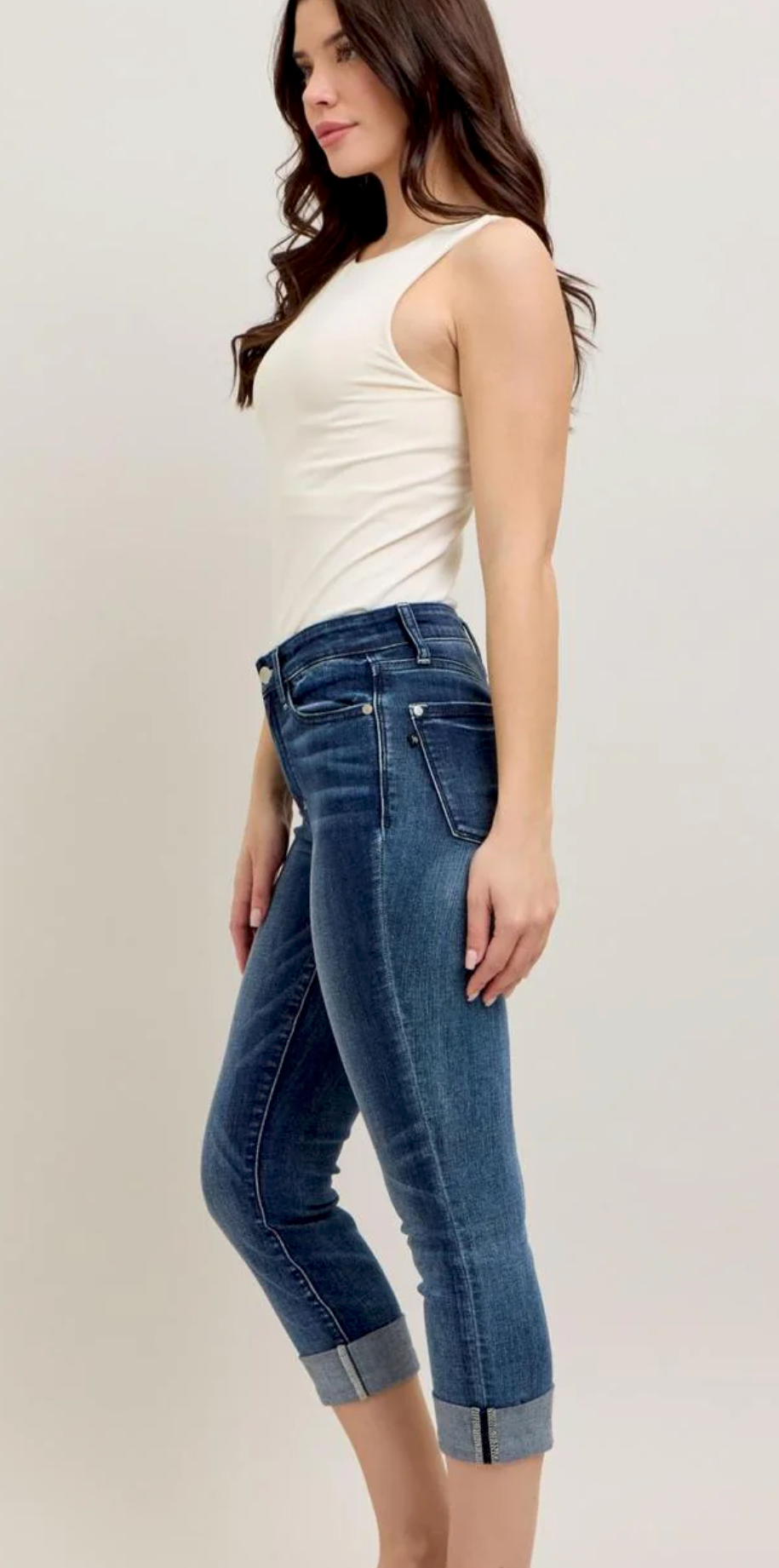Judy Blue Mid Rise Dark Wash Cuffed Capri Denim Jeans | Queen Bee Boutique