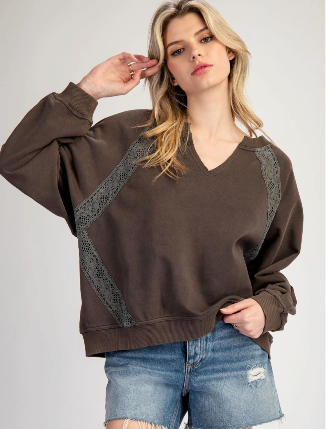 Mineral Chocolate Washed Ash Top Lace Accent | Queen Bee Boutique