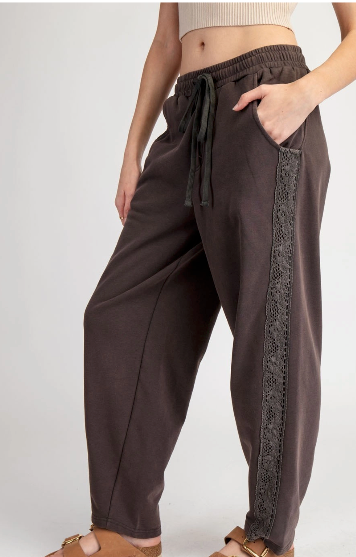 Mineral Chocolate Washed Lace Trim Lounge Pants | Queen Bee Boutique