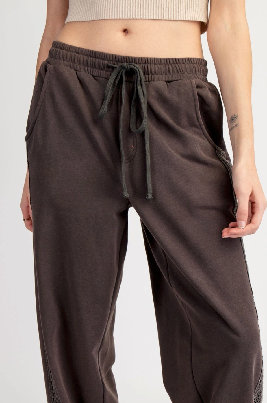 Mineral Chocolate Washed Lace Trim Lounge Pants | Queen Bee Boutique