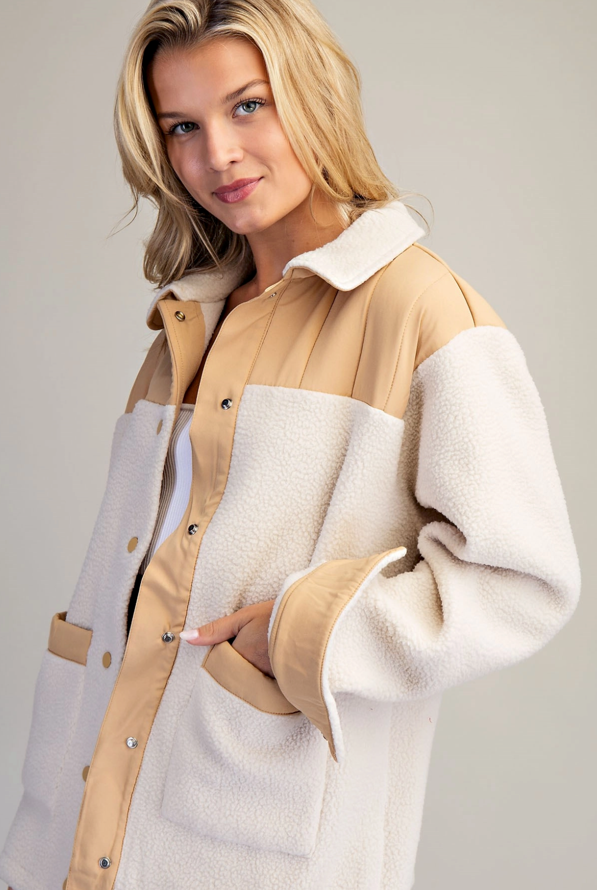 Cream Colorblock Fleece Jacket | Queen Bee Boutique