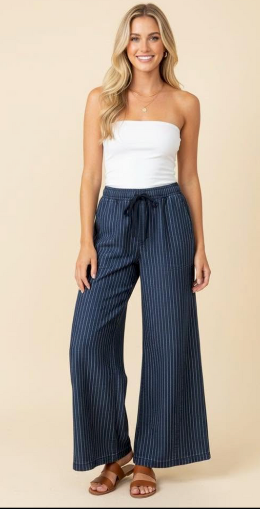 Drawstring Wide Leg Pin Stripe Dark Wash Denim Pant