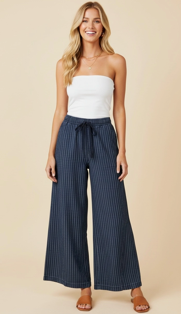 Drawstring Wide Leg Pin Stripe Dark Wash Denim Pant