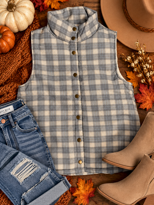 Neutral Plaid Check Vest Collar Snap | Queen Bee Boutique