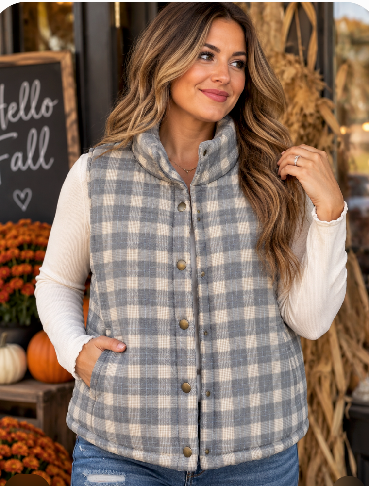 Neutral Plaid Check Vest Collar Snap | Queen Bee Boutique