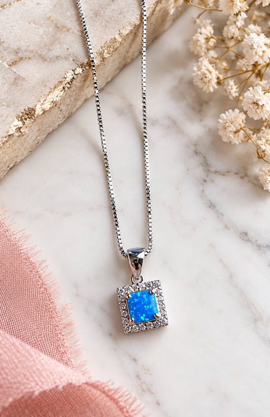 Blue Opal CZ Sterling Silver Square Pendant Necklace | Queen Bee Boutique