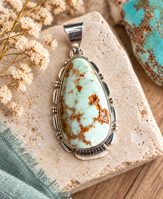 Larry Yazzie Carico Lake Turquoise Sterling Silver Native American Pendant | Queen Bee Boutique